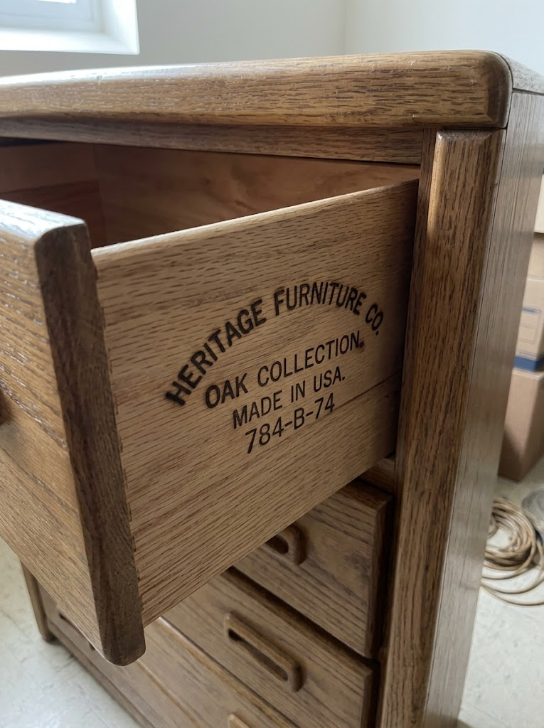 Heritage Furniture Co. stamp inside the top drawer